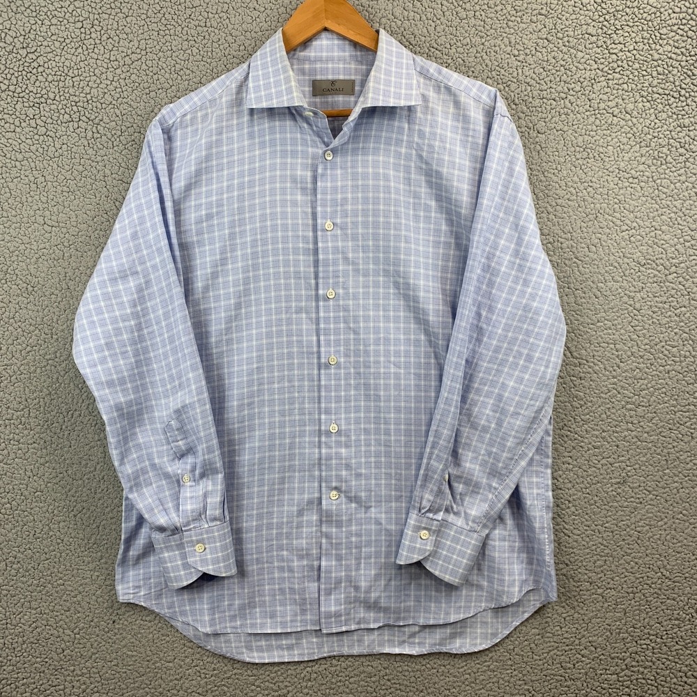 Canali Impeccable Dress Shirt Mens Size 43/17 XL Button Up Blue Windowpane Italy